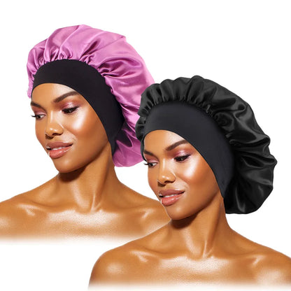 Women's Satin Solid Bonnets Wide-brimmed Night Sleeping Bathing Hat Unisex Head Wrap Elastic Band Cap Hair Care Bonnet black taro purple One Size