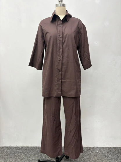 Cotton Linen Set Women Spring Summer Loose Oversize Long Sleeve Shirt Long Pants 2 Piece Sets Casual Office Ladies Trousers Suit