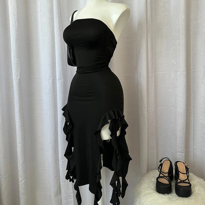 Women Strapless Sexy Floral Fold Hemline High Slit Mini Dress 2024 Solid Backless Sleeveless Black And Pink Party Dress Vestidos black