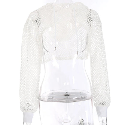 CIBBAR Street Style Fishnet Holes T Shirt See Through Hollow Out Hooded Full Sleeve Crop Top Women Casual Loose Shirt Smock Fall