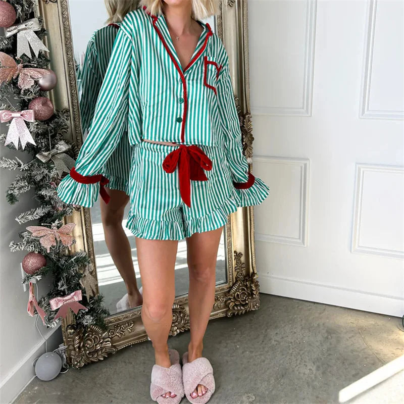 Striped Loungewear Christmas Pajamas Shorts Set Women Y2k Cute Bow Tie Pjs Button Up Shirt+Ruffle Shorts 2 Piece Sleepwear