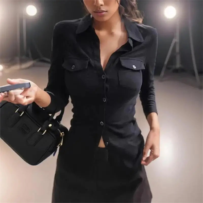Black Shirts Woman Elegant Fashion Streetwear Female Slim Blouse Spring Summer Thin Y2K Casual Office Ladies Sexy Tops White Badiee Stylez