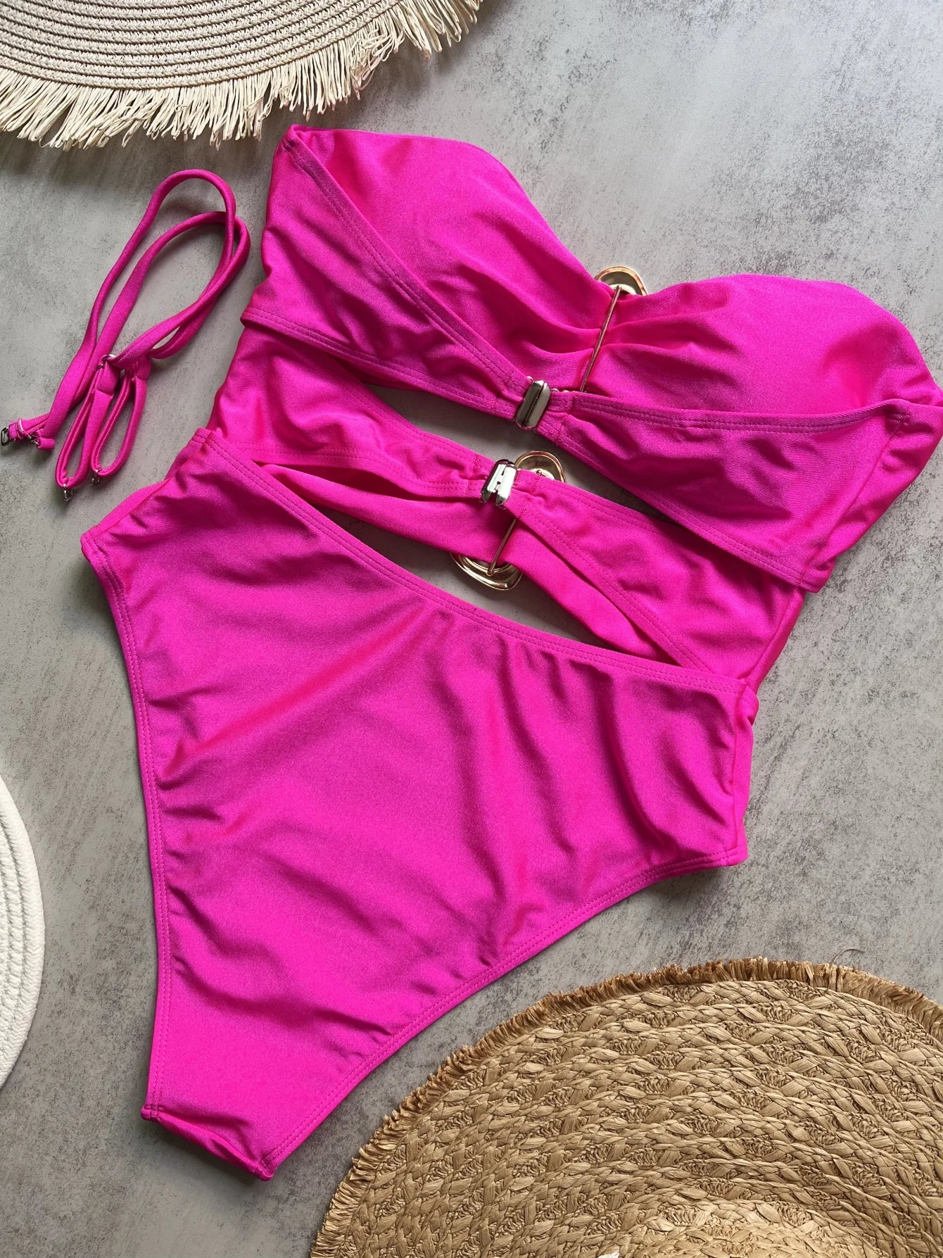 3 Colors Sexy Metal Rings Cut Out Women Swimwear One Piece Swimsuit Female Bandeau High Leg Cut Bather Bathing Suit Swim B022D