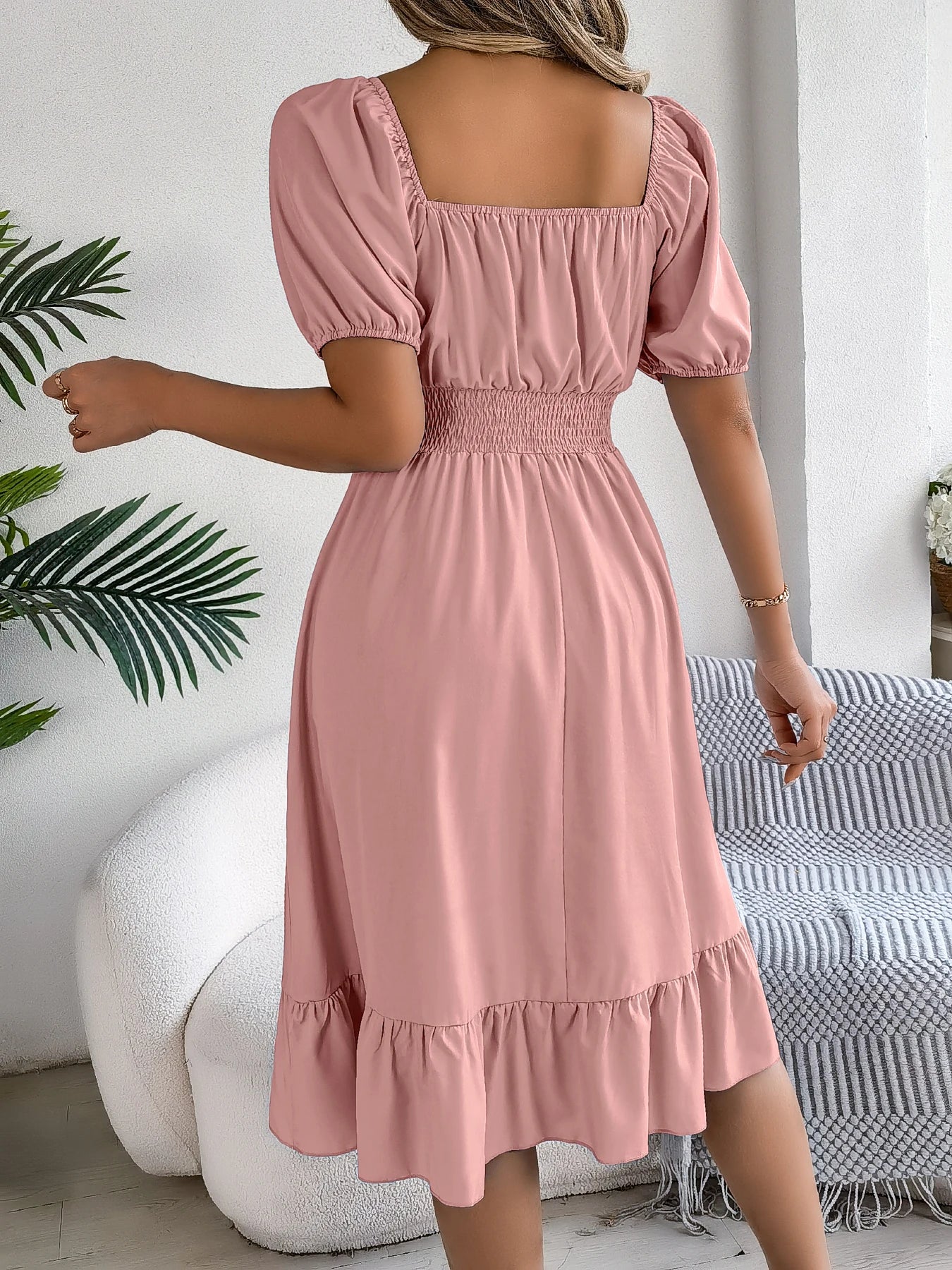 Spring and Summer Elegant High Waisted Dress Square Neck Short Sleeved Ruffled Edge Long Dresses for Women Badiee Stylez