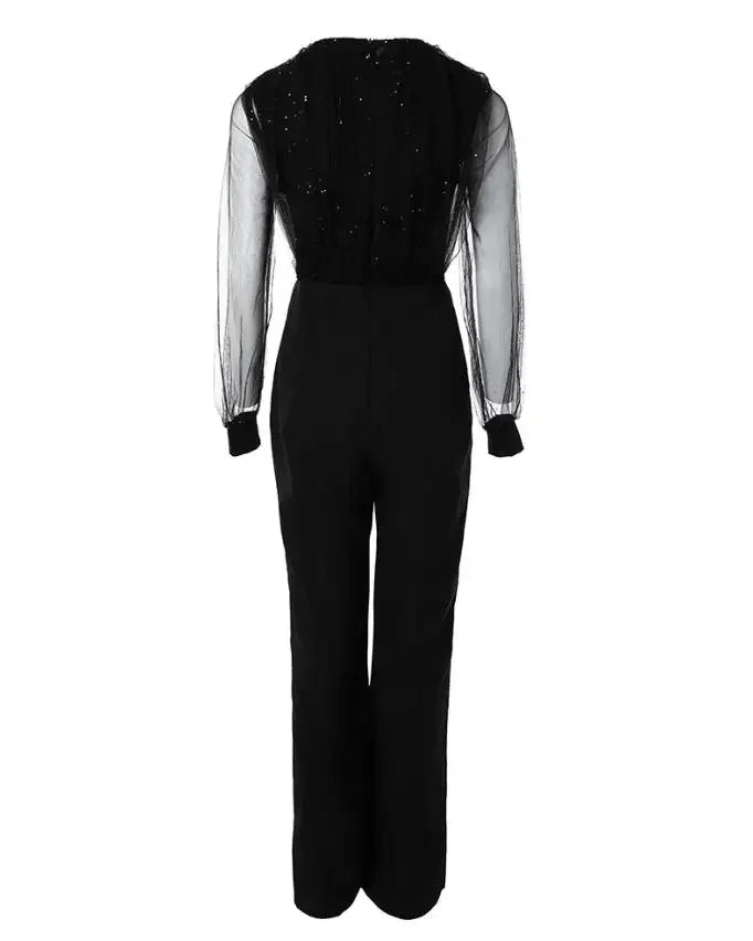 Elegant Jumpsuit Women Spring Fashion Glitter Print Sexy V-Neck Long Sleeve Casual Contrast Mesh Pocket Straight Leg Jumpsuit Badiee Stylez