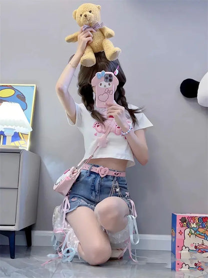 Women's Denim Shorts Strap Cute High Waist Bow Kawaii Female Short Jeans Pants Elegant New in To Wear Stretchy Trend 2025 Casual