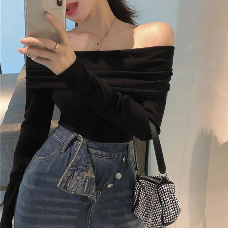 Xpqbb Vintage Slash Neck Pullover Women Korean Fashion Slim Long Sleeve Short Blouses Ladies Sexy Off Shoulder Club Party Tops
