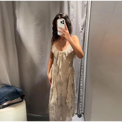 Sexy Beading Ruffle Long Dress Women Embroidery Slip Sleeveless Backless Party Evening Dresses 2025 Summer Lady Shiny Slim Gowns