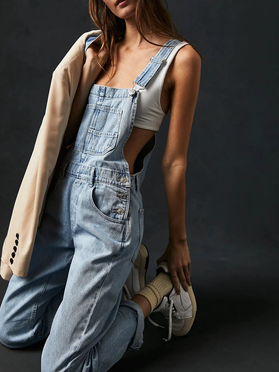 Casual Women Summer Vintage Retro Denim Long Jumpsuit Spaghetti Strap Straight Romper Pants Baggy Bib Overalls Jumpsuits