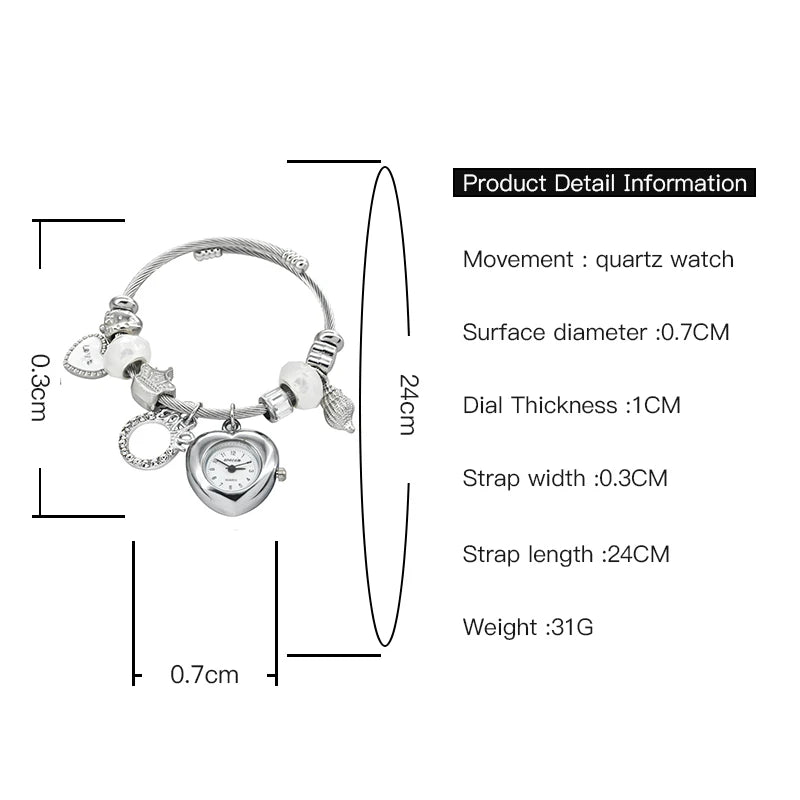 Fashion Women's Bracelet Watch Love with stylish decor refined round quartz watch silvery casual elegance