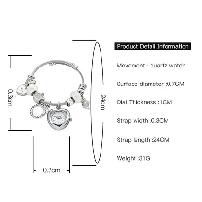 Fashion Women's Bracelet Watch Love with stylish decor refined round quartz watch silvery casual elegance