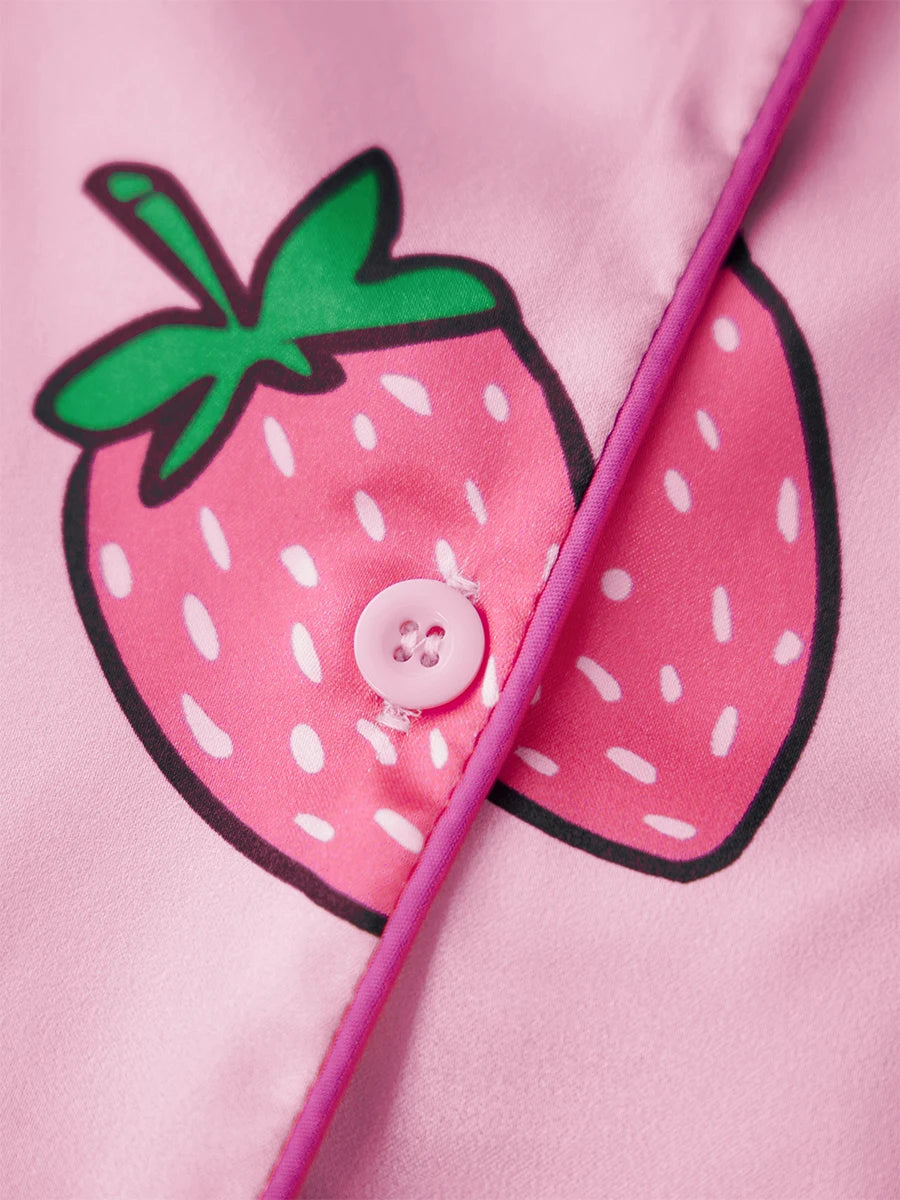 Women's 2 Piece Lounge Set Long Sleeve Lapel Strawberry/Bow Print Button Up Tops Shorts Sleepwear Sets