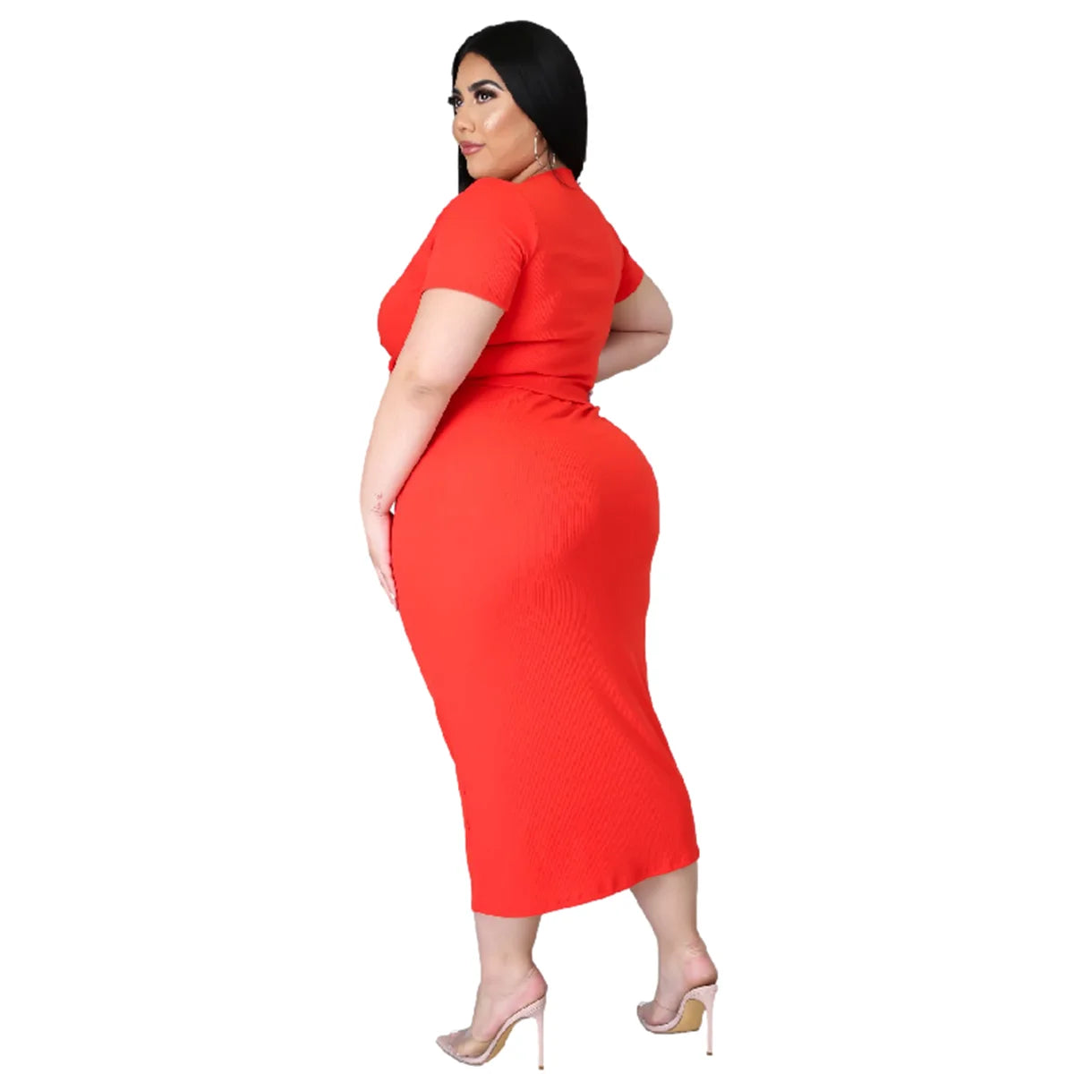 Plus Size New Arrival Fashional Women's Top and Skirt Suit Big Size V Neck Short Sleeve Casual Top ansd Skirt Set For Women