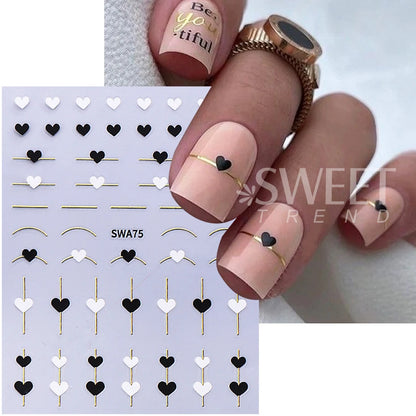 2pcs Black White Red Love Heart Nail Stickers Metallic Golden French Line 3D Adhesive Slider DIY Valentine Design Manicure Decor