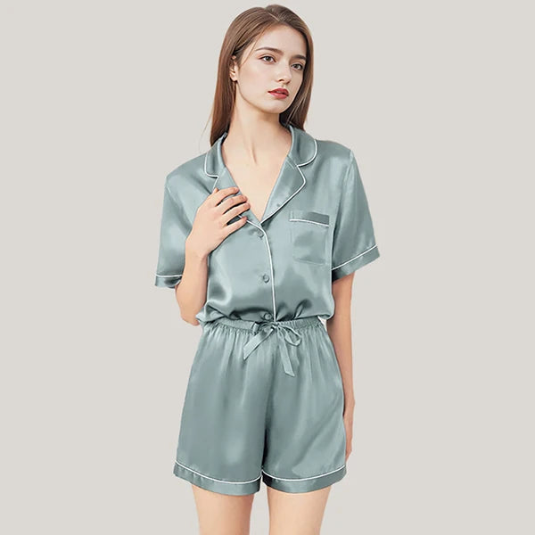 100% Real Mulberry Silk Womens Pajamas Set Sleepwear Pjs Button Down Short Sleeve Shirt Top and Shorts Loungewear 2 Piece M-4XL Blue CHINA