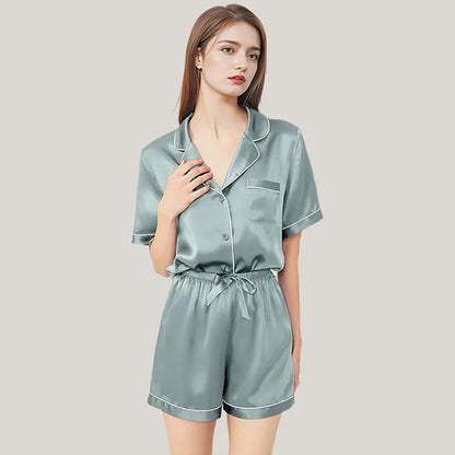 100% Real Mulberry Silk Womens Pajamas Set Sleepwear Pjs Button Down Short Sleeve Shirt Top and Shorts Loungewear 2 Piece M-4XL Blue CHINA