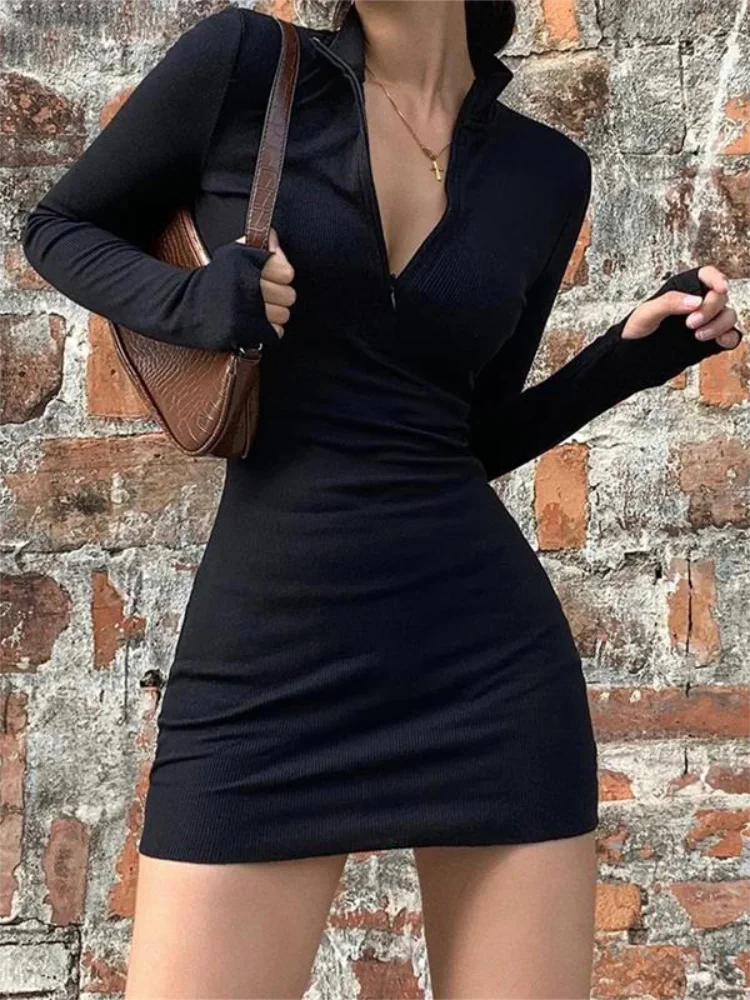 Long Sleeve Dresses for Women Black Sexy Club Bodycon Mini Dress Y2k High Waist Ladies Korean Short Dress Basic Autumn Winter
