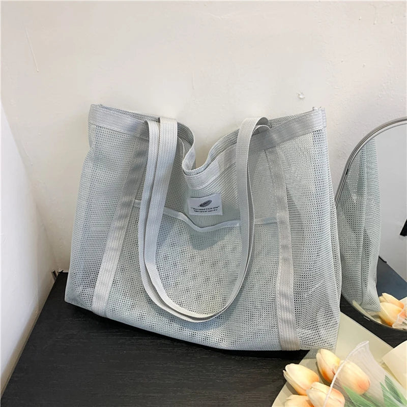 Women Transparent Mesh Shoulder Bag Fashionable Portable Shopping Travel Beach Mesh Net Tote Handbag