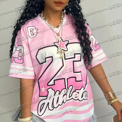 Pink Girls' Digital Printed Jersey T-Shirt Summer Women'S Sports Fashion Age Reducing Streetwear Y2k Casual Travel Clothing Top