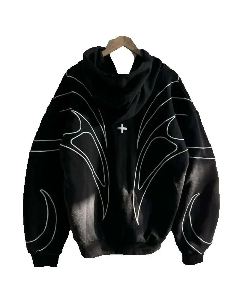 High Street Harajuku Striped Splicing Retro Loose Zipper Sweatshirt Women Casual Fashion Retro Y2K 2025 Oversized Hoodie Men