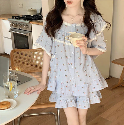 Summer New Women's Princess Style Sweet Pajamas Homewear Set Girls Lace Small Floral Summer Short-Sleeved Shorts Loose Pajamas