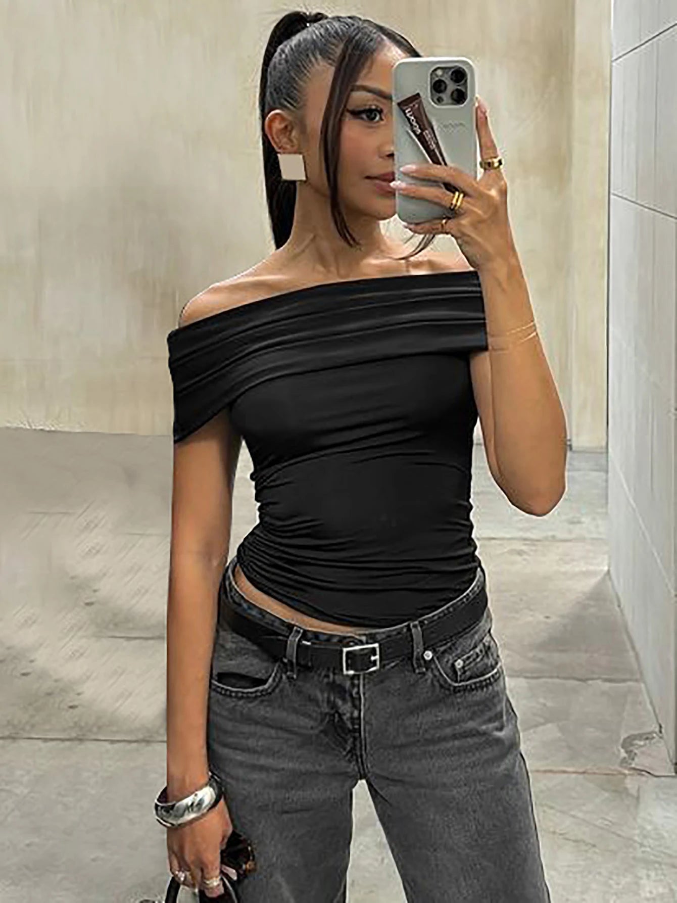 Dulzura Sleeveless Off Shoulder Ruched Bodycon Crop Top Solid Sexy Elegant T-Shirt Party Club Streetwear Spring Summer Top