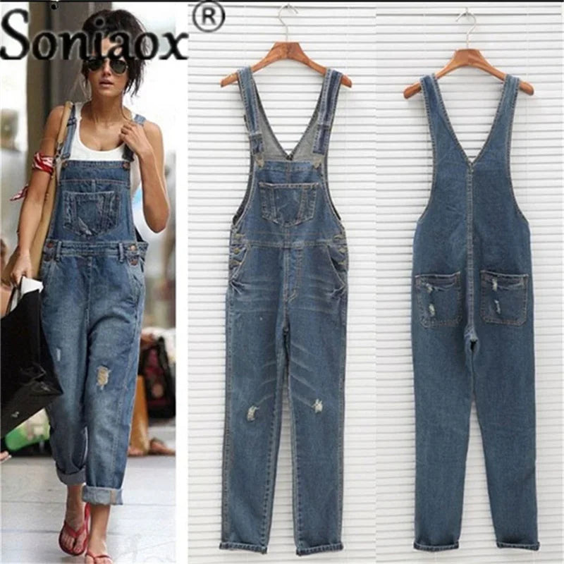 Casual Streetwear Hole Denim Jumpsuits Women 2024 Loose Suspenders Pocket Long Pants Waistline Straight Jeans Rompers Blue