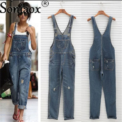 Casual Streetwear Hole Denim Jumpsuits Women 2024 Loose Suspenders Pocket Long Pants Waistline Straight Jeans Rompers Blue