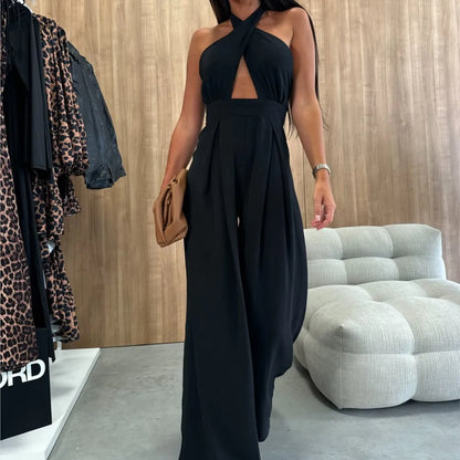 Sexy Solid Sleeveless Jumpsuit Spring Summer Fashion Commuter Women's Elegant Lapel Halter Neck Folds Wide Leg Trousers Jumpsuit Badiee Stylez