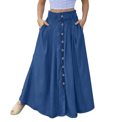 Bed Skirt Full Women's Spring And Summer Casual Loose Solid Color A Line High Waist Skirt With Pocket Buttons Colorful Skirt Blue