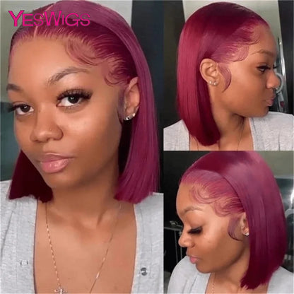 Short Bob Wig Hot Red Burgundy 99j Colored Brown Lace Front Human Hair Wigs Bone Straight Bob Wig Lace Frontal Wigs For Women - Badiee Stylez