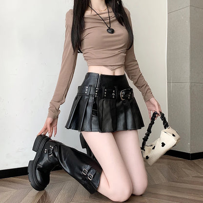 Women's Black Gothic A-line Pleated Leather Skirt Y2k Mini Shorts Skirts Harajuku Korean Emo Skirt 2000s Vintage Clothes Summer