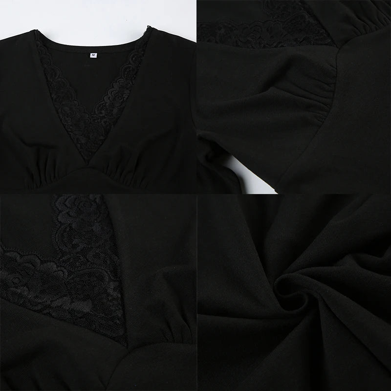 Cuteandpsycho Lace Patchwork Solid Slim Tee Shirts Long Sleeves V-neck Aesthetic Fashion Clothes Vintage Streetwear Black Tops