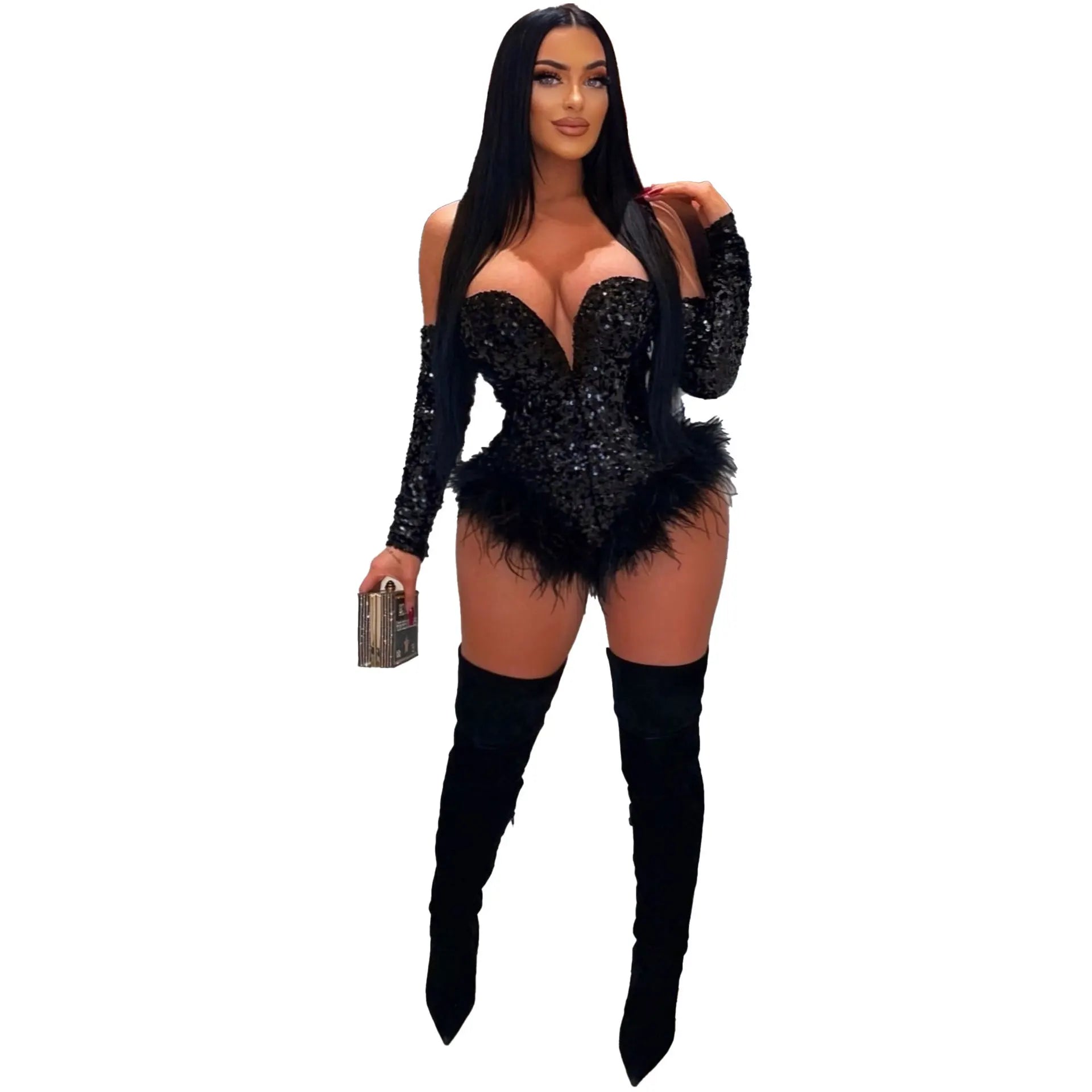 Women's Elegant Sequined Feather Slim Patchwork Bodysuits Spring Summer New Sexy Bodysuits Women Long Sleeve Backless Bodysuits
