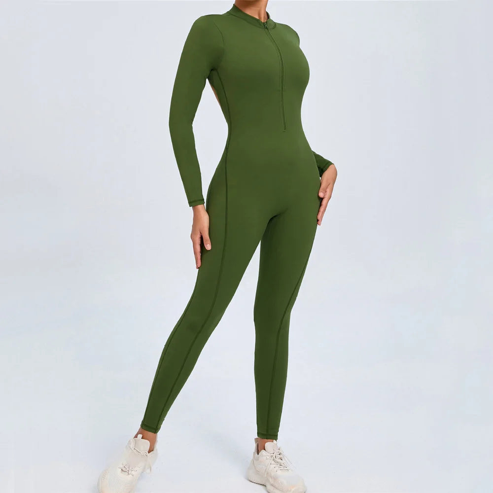 2025 Pad Zipper Long Sleeve Yoga Set Women One Piece Jumpsuit Gym Workout Shorts Fitness Bodysuit Sports Athletic Suit XP358 Badiee Stylez