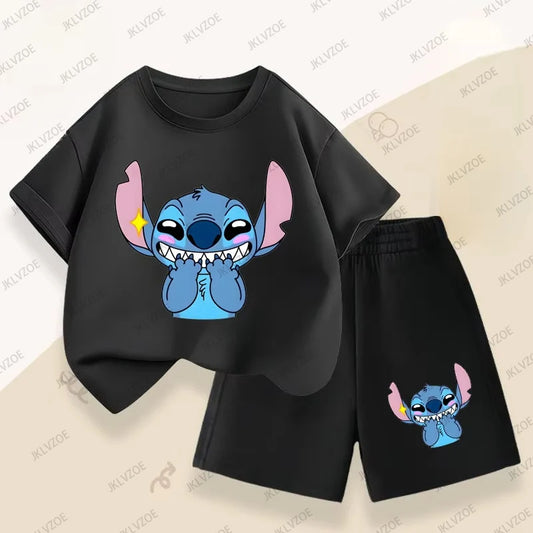 MINISO Summer New Disney Stitch Print Women's and Men's Casual Suit Cotton Short Sleeve Tshirt Shorts Sets 2 Piece Outfits TZ0428151-JCS