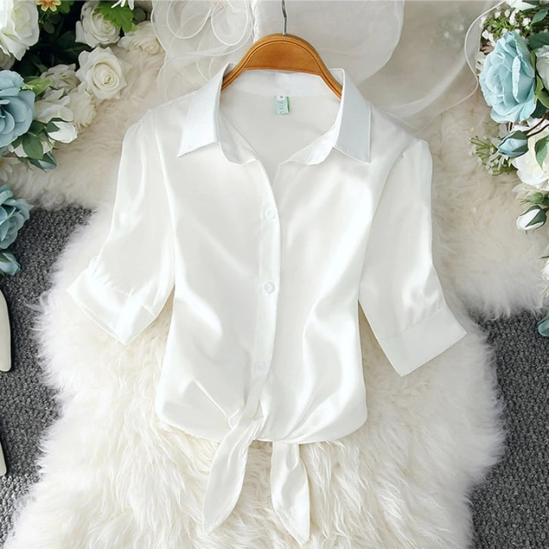 2023 Fashion Solid Color White Women Shirt Casual Blouses Autumn Half Sleeve Elegant Office Lady Tops 19870