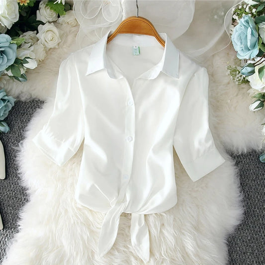 2023 Fashion Solid Color White Women Shirt Casual Blouses Autumn Half Sleeve Elegant Office Lady Tops 19870