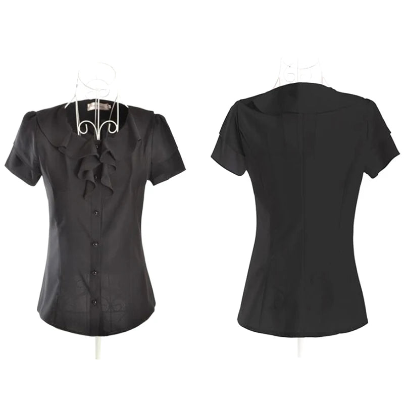 New Arrival 2024 Chiffon Short Sleeve Female Blouse Shirt Fashion Ruffles Ladies White Black Office Blouses Women Clothes