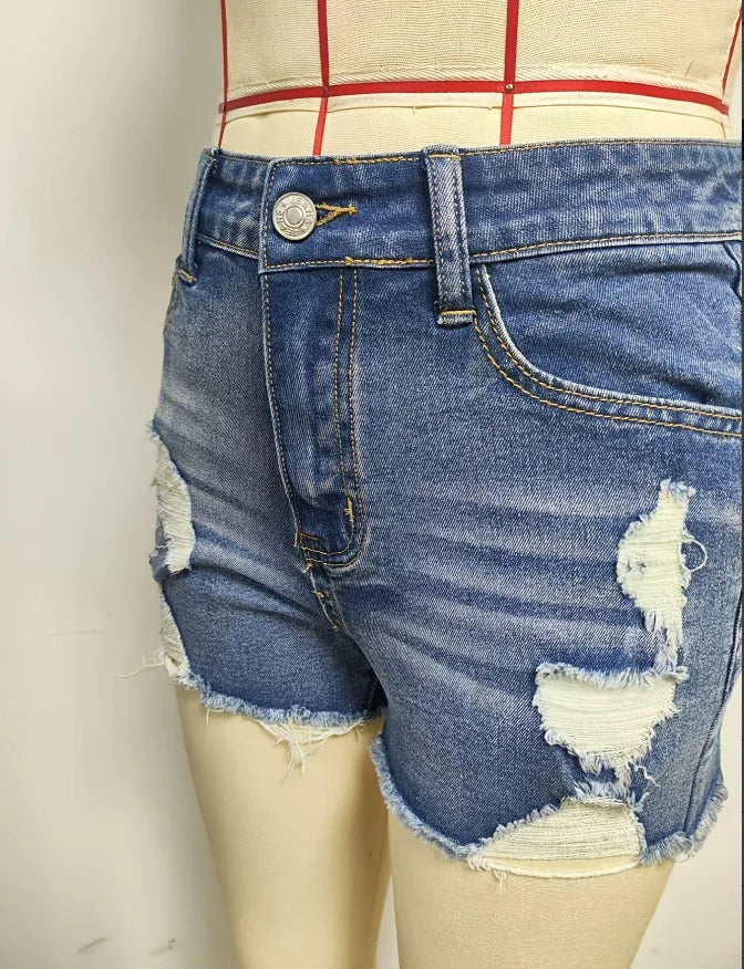 Ripped Raw Denim Shorts For Women Fashion A-line Hem Female Summer Hot Pants Streetwear Blue Clothing Skinny Sexy Retro Leisure Badiee Stylez