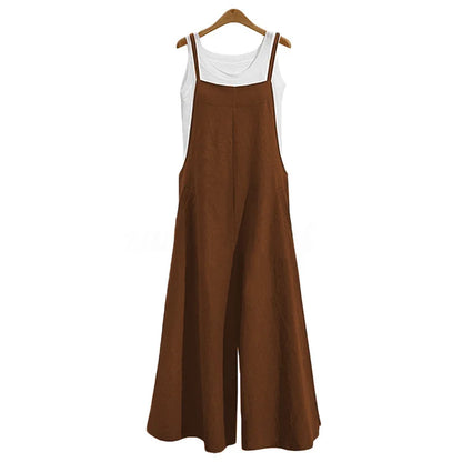 Women Straps Jumpsuit Summer Solid Color Wide Leg Pants Dungaree Bib Overalls Casual Loose Sleeveless Cotton Linen Jumpsuits 5Xl Badiee Stylez