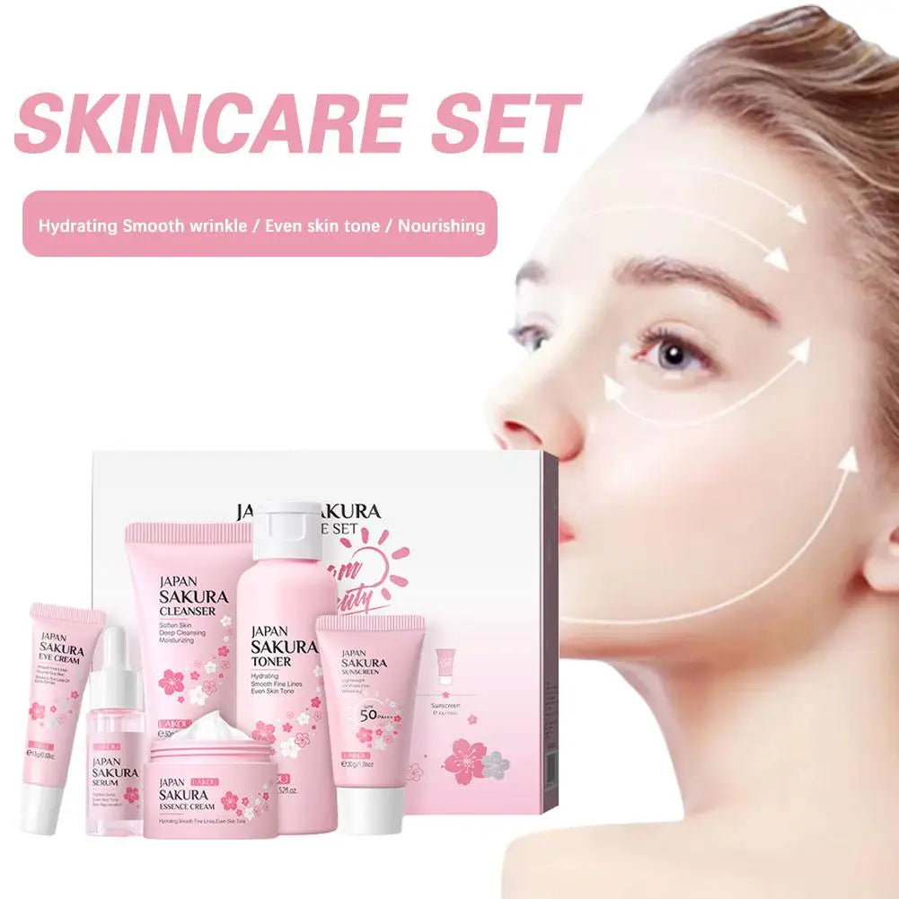 6pcs/Set Sakura Skin Care Sets Face Cream Serum Toner Facial Cleanser Sunscreen Eye Cream Face Skin Care Set Product Gift box Badiee Stylez