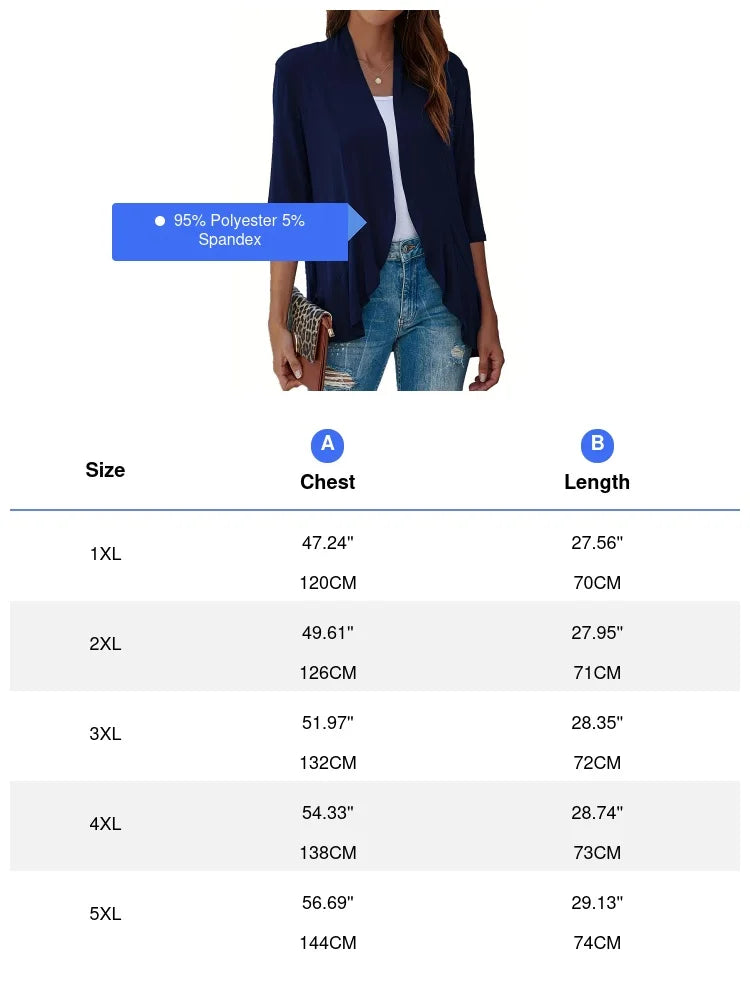 Plus Size V-neck Loose Pleated Cardigans Casual Frill Solid 3/4 Sleeve Spring Summer Fall Cardigan Plus Size Women's Clothing