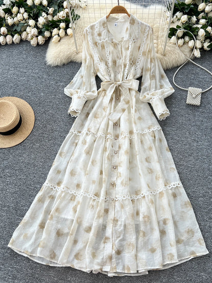 Chic vintage rhinestone lace-up slim Elegant Fairy korean fashion Boho Sundress women clothing Long dress Apricot One Size