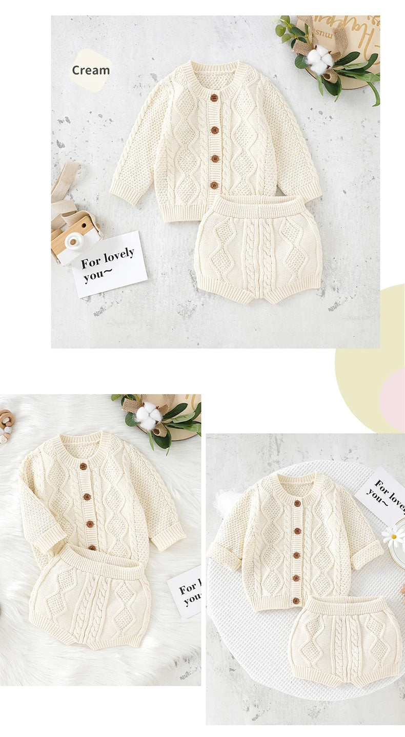 Baby Clothes Sets Cotton Knitted Newborn Boys Girl Sweater Long Sleeve +Pants Autumn Infant Children Cardigan +Shorts 0-18M 2PCS