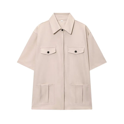 TFMLN Spring Summer New 2pcs Sets 2025 Women Solid Color Short Sleeve Shirts Pockets Tops Casual Shorts Sets Brown