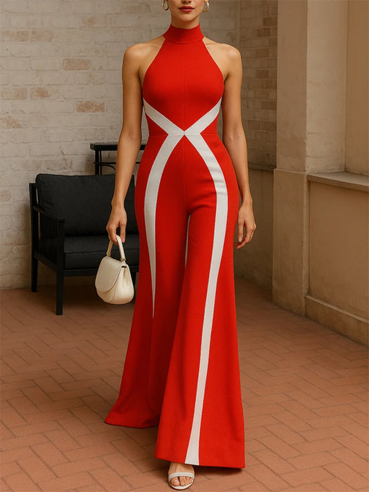 Yeezz Women's Red High-Neck Off-Shoulder Wide-Leg Jumpsuits 2025 New Fashion Contrast Color High Waisted Party One-piece Pants Red