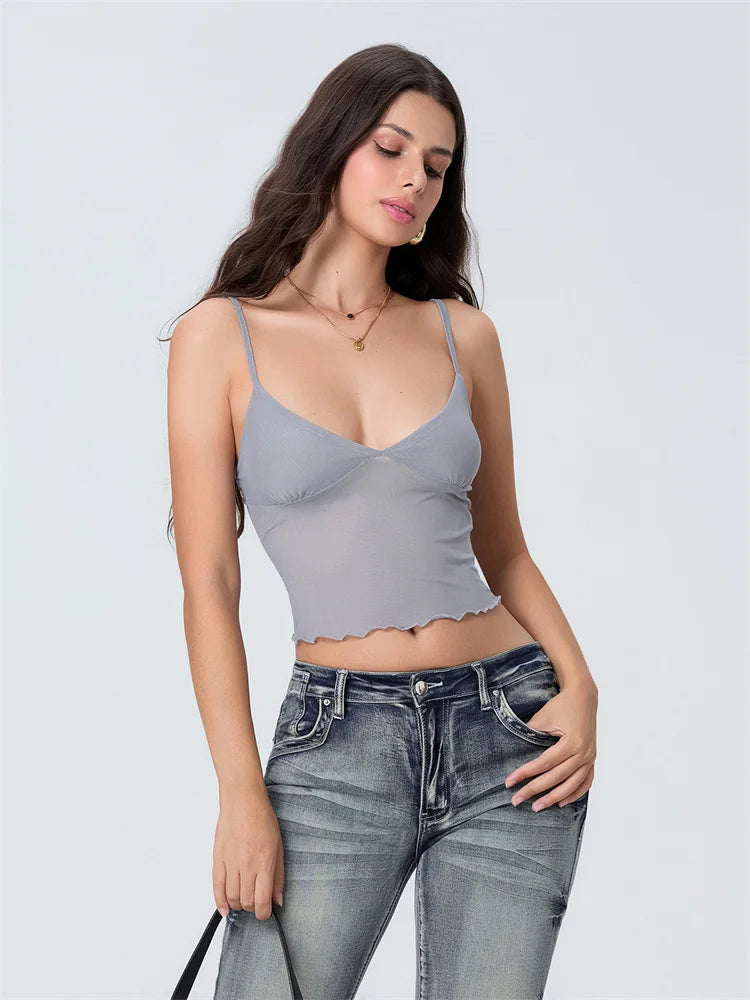 Women Camisole Tops Spaghetti Straps Tulle Patchwork Slim Fit Tank Tops Party Club Sexy Vinateg Corset Cropped Top Summer