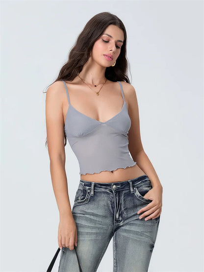 Women Camisole Tops Spaghetti Straps Tulle Patchwork Slim Fit Tank Tops Party Club Sexy Vinateg Corset Cropped Top Summer