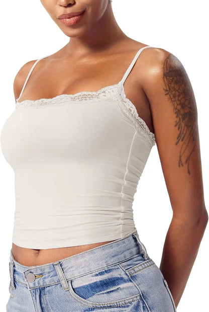 2025 Women Lace Tanks Top Spaghetti Strap Lace Square Neck Sleeveless Match Pants Soft Pullover Summer Camisole Women Clothes